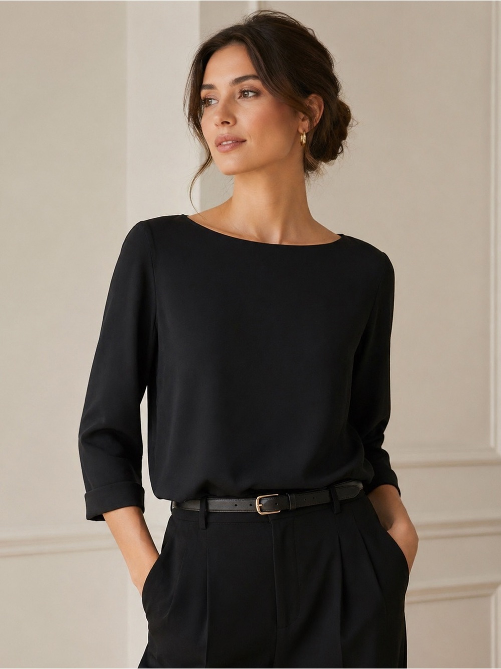 Misook Petite Black Knit Top 3/4 Sleeve Minimalist Stretch Blouse S